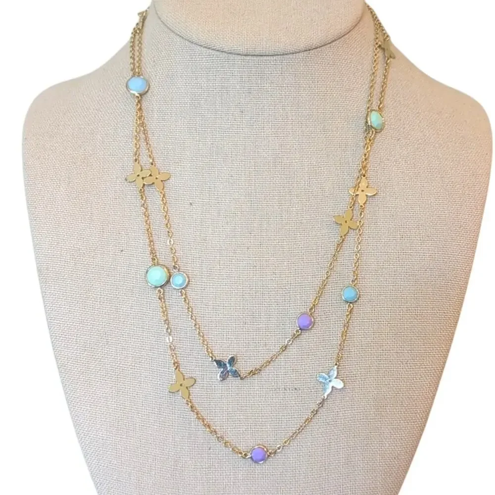 Charming Charlie Gold Tone Chain W/ Bezel Set Pastel Beads & Quatrefoil Stations